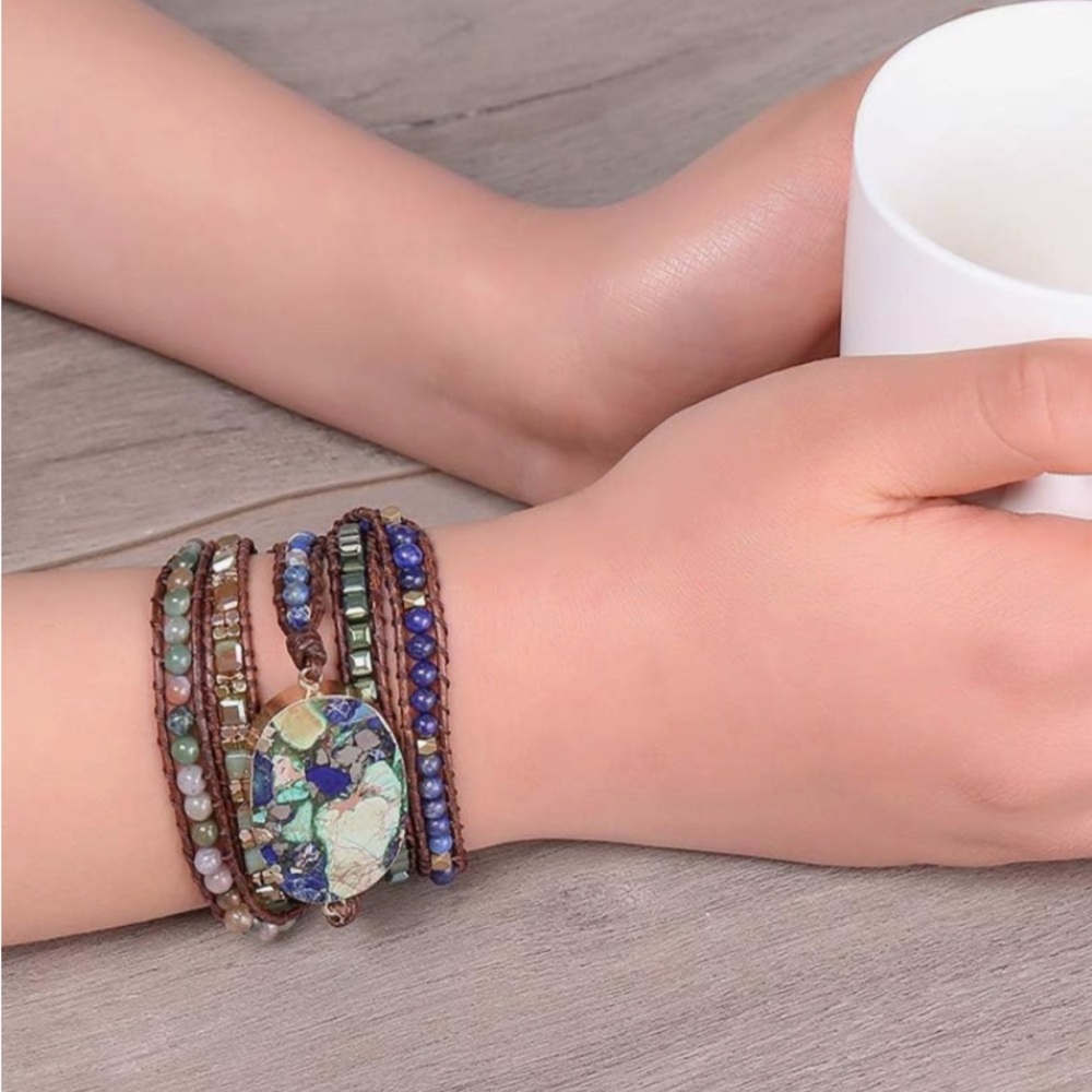 CLEARANCE Boho Handmade Natural Leather Bead Wrap Bracelet GREEN/BLUE JASPER - Picture 3 of 6